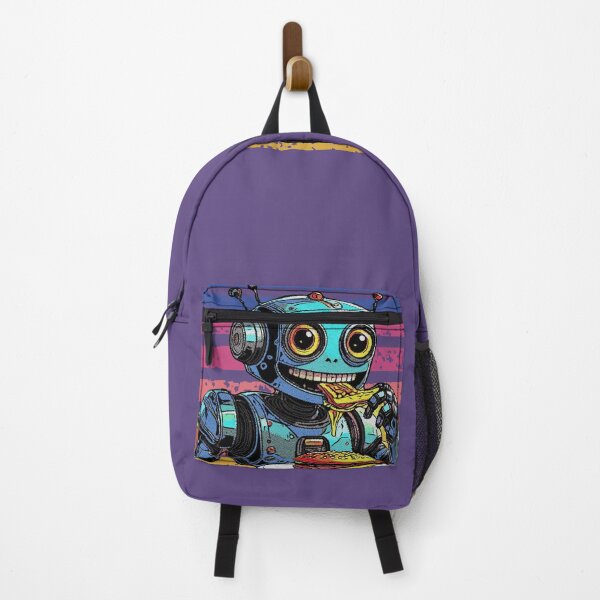 Item preview, Futuristic Robot Eating Pizza – Fun Design with Colorful Striped Background designed and sold by AstronautMerch.