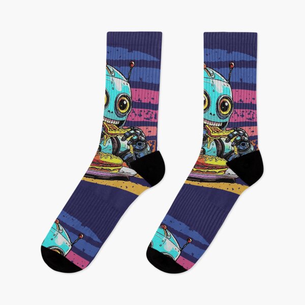 Item preview, Futuristic Robot Eating Pizza – Fun Design with Colorful Striped Background designed and sold by AstronautMerch.