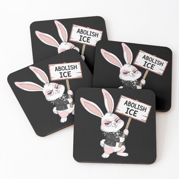 Item preview, Abolish ice rocker bunny rabbit holding picket sign designed and sold by RichTeeDesigns.