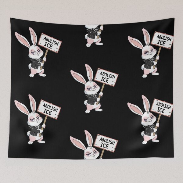 Item preview, Abolish ice rocker bunny rabbit holding picket sign designed and sold by RichTeeDesigns.