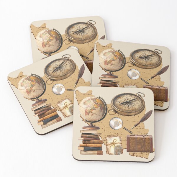 Item preview, Vintage Travel Illustration – Map, Compass and Books designed and sold by CozyPrint-CP.
