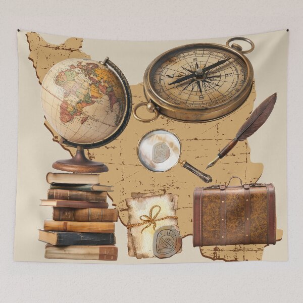Item preview, Vintage Travel Illustration – Map, Compass and Books designed and sold by CozyPrint-CP.