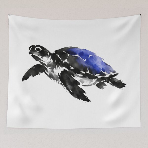 Item preview, Sumi-e Inspired Sea Turtle Ink Wash with Expressive Brushstrokes and Indigo Accent designed and sold by zoughlal.