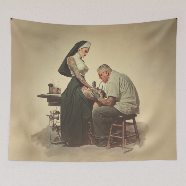 Item preview, Sexy Nun Getting Tattooed - Our Lady Of The Needle designed and sold by DalmatianNation.