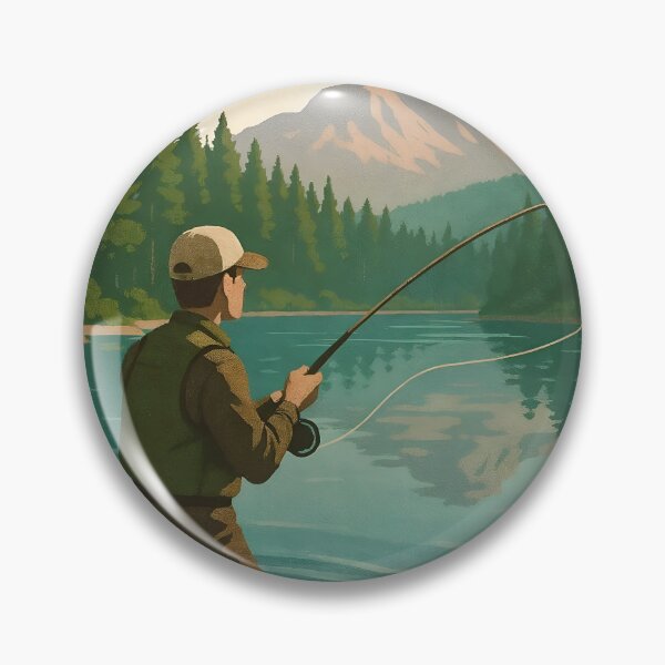Item preview, Fly fisher casting in teal lake with jagged mountain and evergreens designed and sold by Creative88Art.