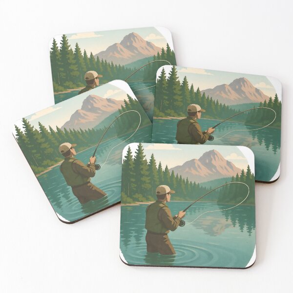 Item preview, Fly fisher casting in teal lake with jagged mountain and evergreens designed and sold by Creative88Art.