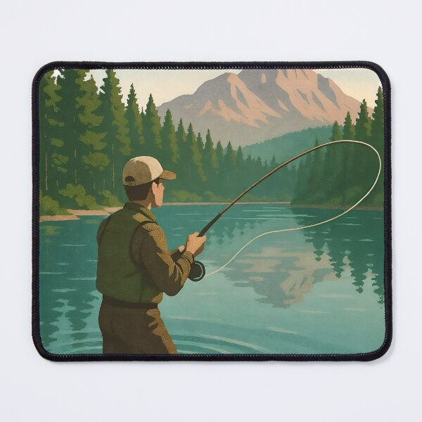 Item preview, Fly fisher casting in teal lake with jagged mountain and evergreens designed and sold by Creative88Art.