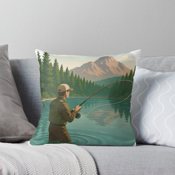 Item preview, Fly fisher casting in teal lake with jagged mountain and evergreens designed and sold by Creative88Art.