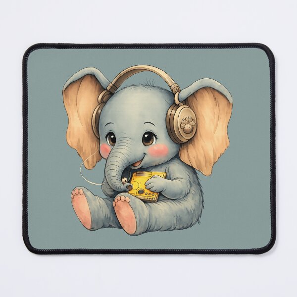 Item preview, Cute Musical Baby Elephant with Headphones and Retro Player designed and sold by DakotaPoppin.