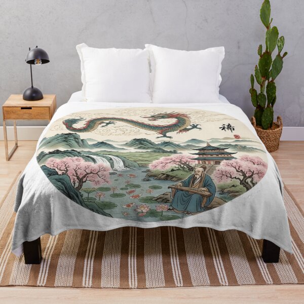 Item preview, Majestic Chinese Dragon over Scholar Mountain Landscape Ink Art designed and sold by VibranPalette.