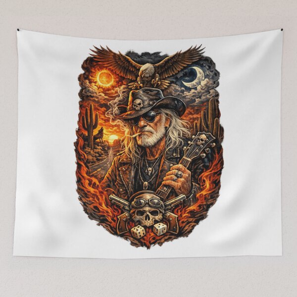 Item preview, Outlaw Guitarist Cowboy Skull & Eagle Sunset Western Rock T-Shirt Design designed and sold by TerScott.