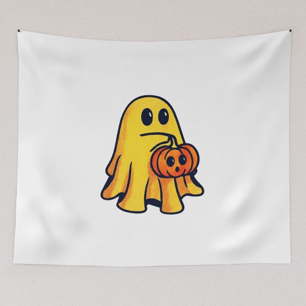 Item preview, Cute Halloween Ghost Holding Pumpkin Cartoon Art designed and sold by Horrify.