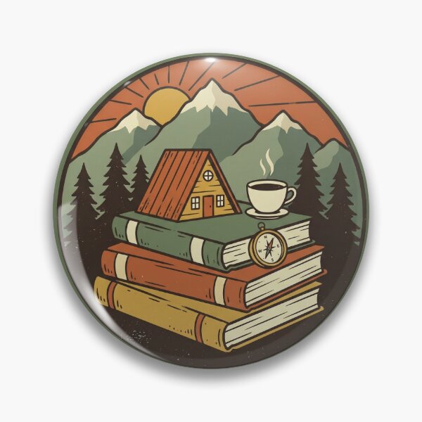 Item preview, The Mountains Are Calling & I Must Read – Adventure Book Club Vintage Badge designed and sold by KERK Art and Design.