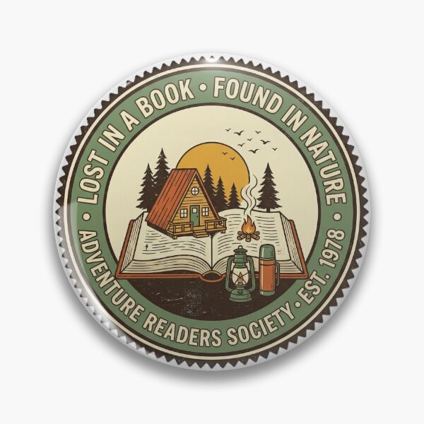 Item preview, Lost in a Book Found in Nature – Adventure Readers Society Vintage Badge designed and sold by KERK Art and Design.