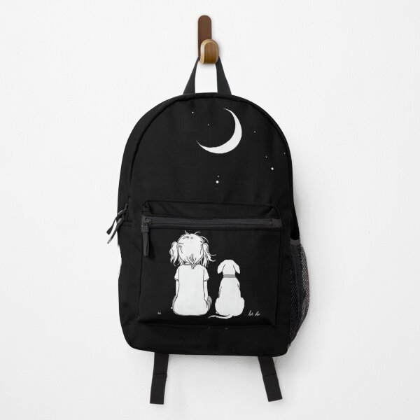 Item preview, Minimalist Girl & Dog Under Crescent Moon – Starry Night Silhouette Art designed and sold by PixelVibe782.