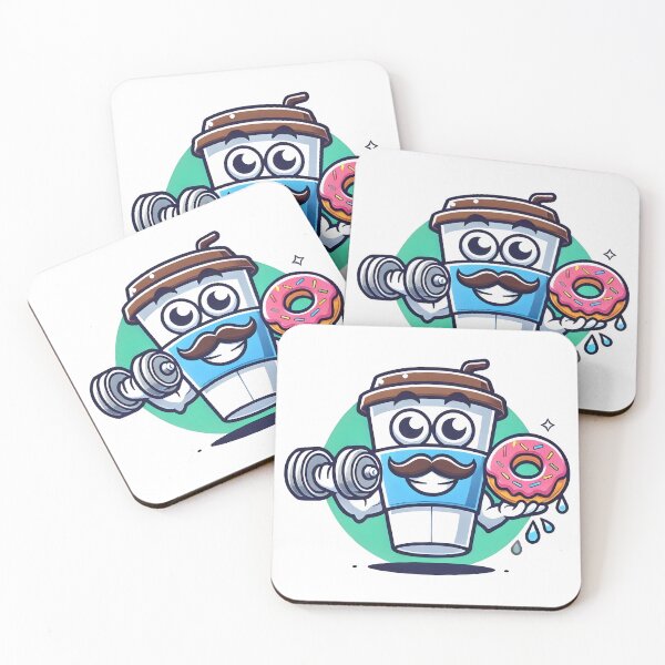 Item preview, Funny Coffee Cup Lifting Weights with Donut Cartoon. designed and sold by The-T-In-Retro.