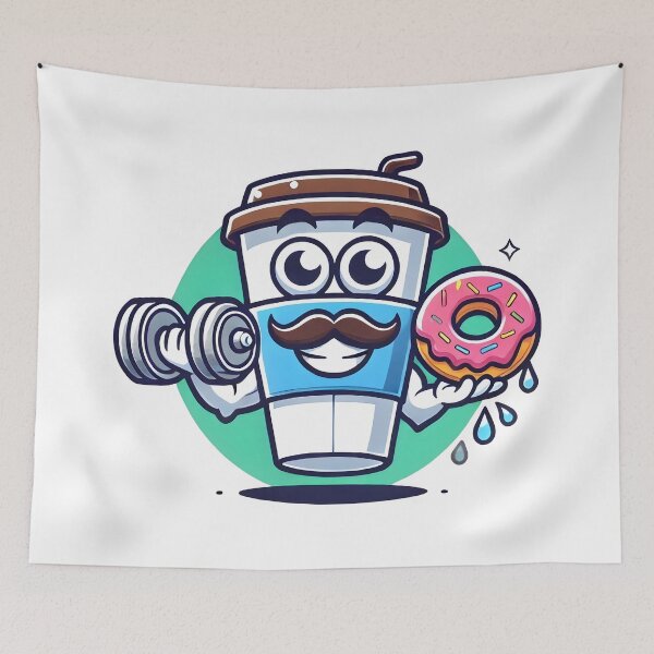 Item preview, Funny Coffee Cup Lifting Weights with Donut Cartoon. designed and sold by The-T-In-Retro.