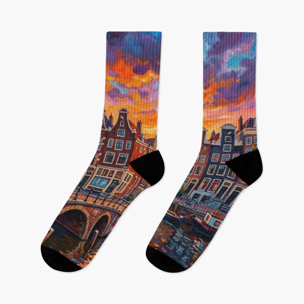Item preview, Amsterdam Canal Sunset & Bridges - Vibrant Textured Oil Painting designed and sold by PrintShopGeneva.