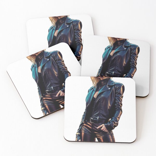 Item preview, Edgy woman in glossy black leather outfit against cutout black backdrop designed and sold by Creative88Art.