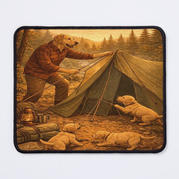 Item preview, Camping Labrador Dad Setting Up Tent with Puppies – Retro Outdoor Adventure designed and sold by PawPrintCustom.