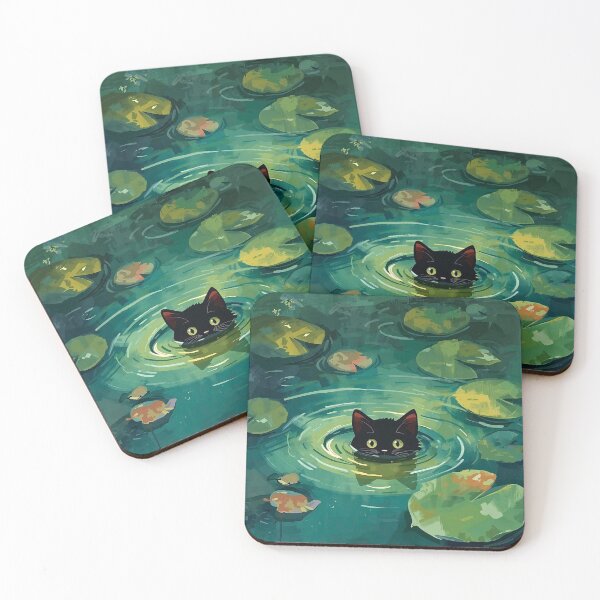 Item preview, Lily Pad Lurker: Mysterious Black Cat in Pond Art designed and sold by Cozyartsss.