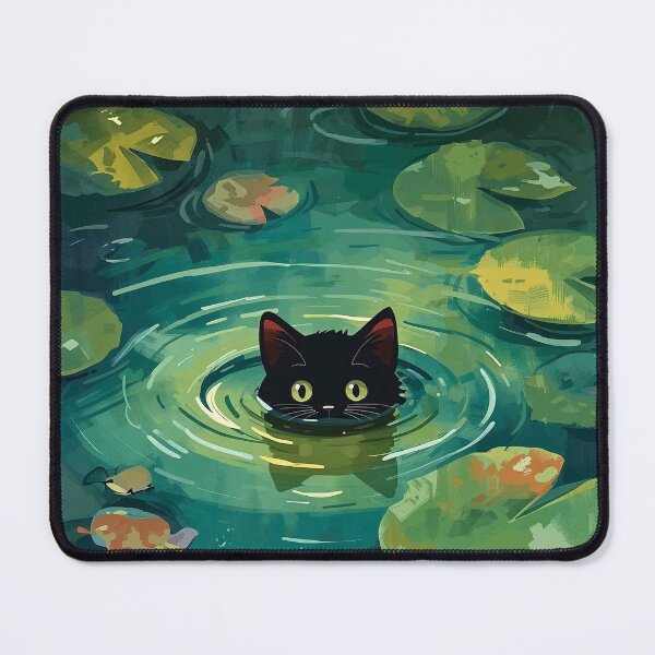 Item preview, Lily Pad Lurker: Mysterious Black Cat in Pond Art designed and sold by Cozyartsss.