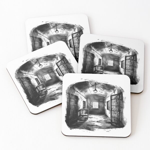 Item preview, Abandoned Prison Hallway – Dark Black and White Jail Cell Illustration designed and sold by inkoutninja.