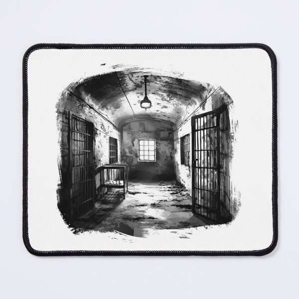 Item preview, Abandoned Prison Hallway – Dark Black and White Jail Cell Illustration designed and sold by inkoutninja.