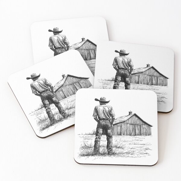Item preview, Lone Cowboy and Barn – Rustic Western Black and White Illustration designed and sold by inkoutninja.