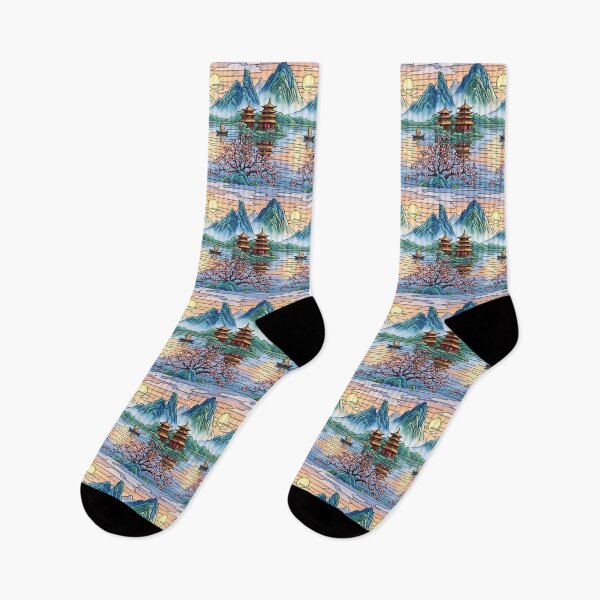 Item preview, Oriental Lake Landscape with Traditional Pagodas and Misty Mountains. designed and sold by VibranPalette.