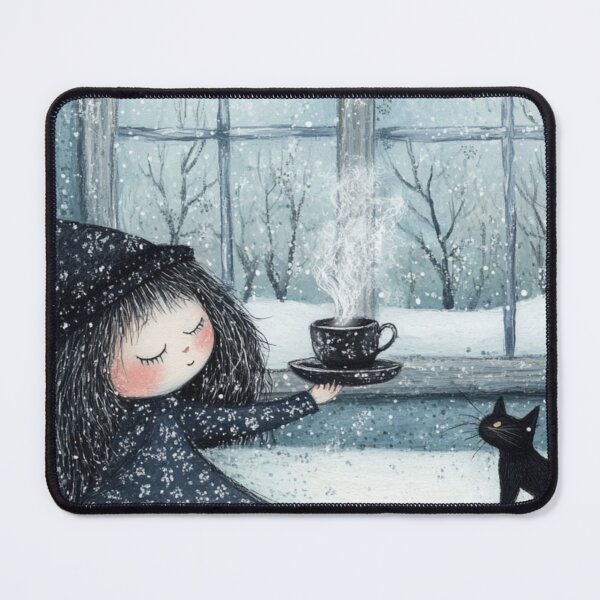 Item preview, Cozy Snowy Tea Time with Black Cat designed and sold by WhimsyWink.