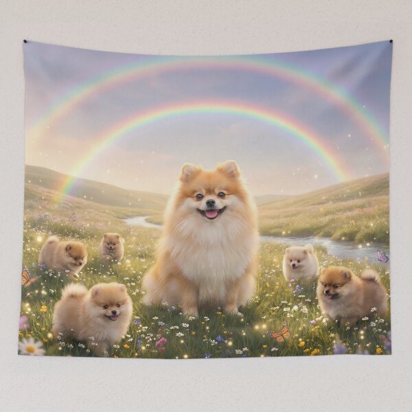 Item preview, Joyful Pomeranian Family at Rainbow Bridge Meadow designed and sold by PetMemorialArt.