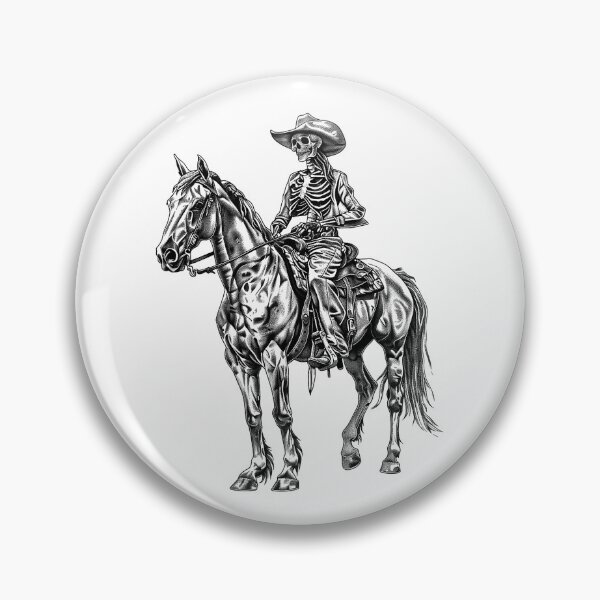 Artikelvorschau, Skelett-Cowboy auf Pferd – Gothic-Western-Reiterillustration in Schwarzweiß entworfen und verkauft von inkoutninja.