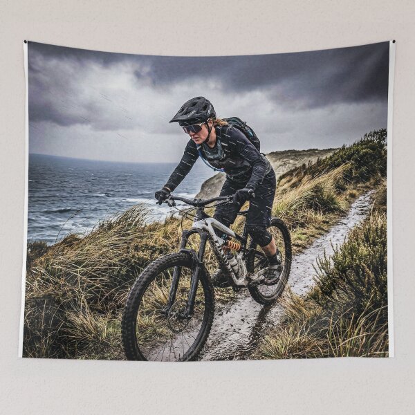 Item preview, Tasmanian Coastal Storm MTB Ride – Cinematic Action Photography Print. designed and sold by Hinson MTB Visuals.