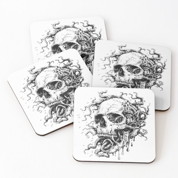 Item preview, Melting Skull with Tentacles – Surreal Horror Skull Illustration in Black and White designed and sold by inkoutninja.