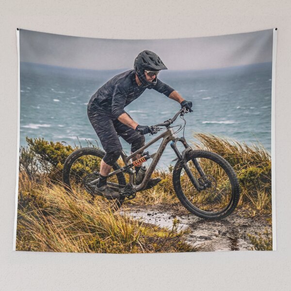 Item preview, Rider in the Rain – Moody Coastal MTB Landscape for Adventure Lovers. designed and sold by Hinson MTB Visuals.