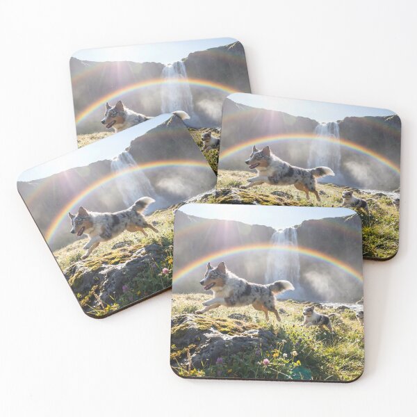 Item preview, Joyful Blue Merle Australian Shepherd at Rainbow Waterfall designed and sold by PetMemorialArt.