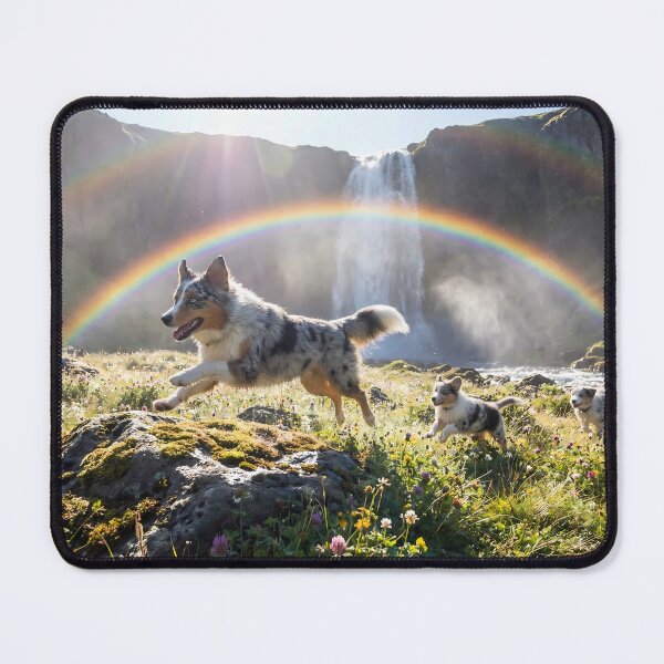 Item preview, Joyful Blue Merle Australian Shepherd at Rainbow Waterfall designed and sold by PetMemorialArt.