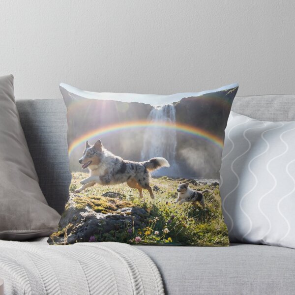 Item preview, Joyful Blue Merle Australian Shepherd at Rainbow Waterfall designed and sold by PetMemorialArt.