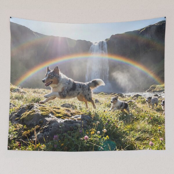 Item preview, Joyful Blue Merle Australian Shepherd at Rainbow Waterfall designed and sold by PetMemorialArt.