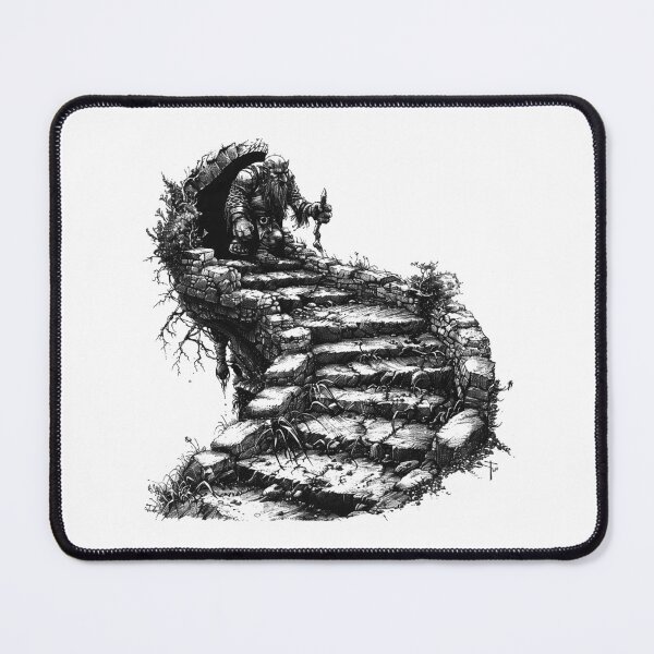Item preview, Troll on the Ruined Staircase – Dark Fantasy Illustration in Black and White designed and sold by inkoutninja.