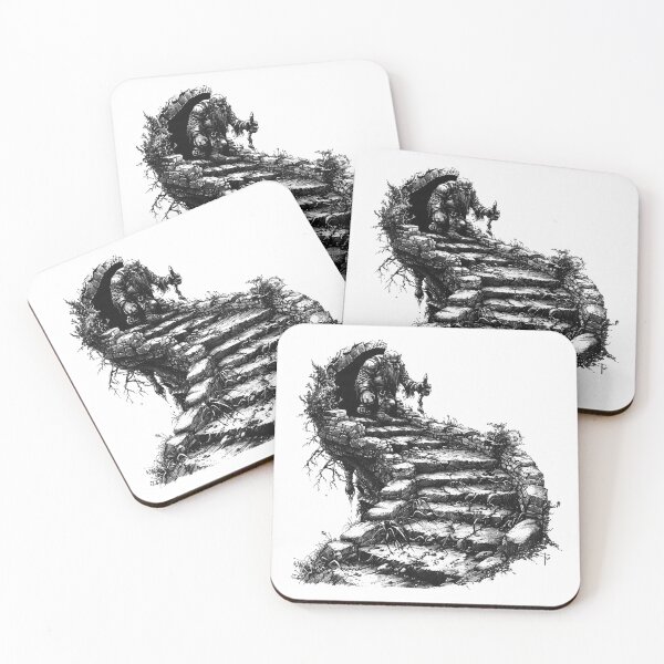 Item preview, Troll on the Ruined Staircase – Dark Fantasy Illustration in Black and White designed and sold by inkoutninja.