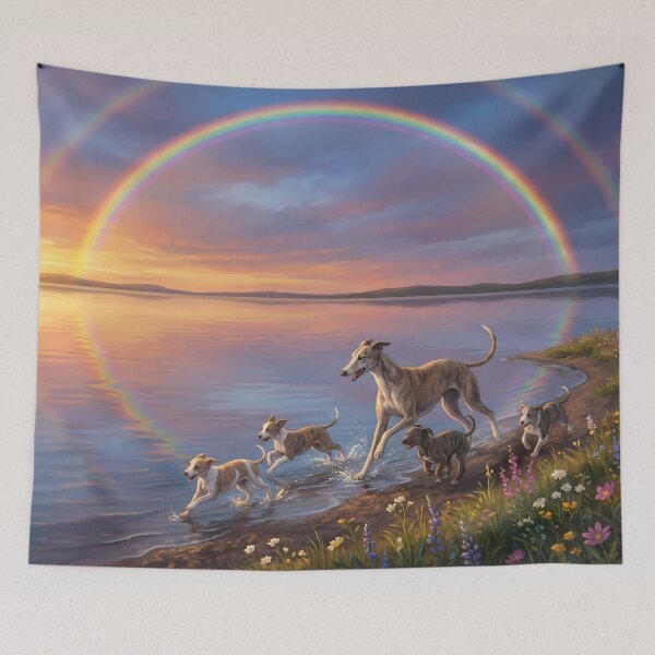 Item preview, Graceful Greyhound Family at Rainbow Sunset Lake designed and sold by PetMemorialArt.
