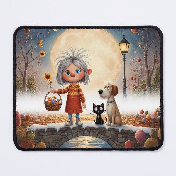 Item preview, Moonlit Walk with Friends – Whimsical Girl, Dog and Cat Illustration designed and sold by Whimsical Hug.