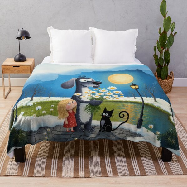 Item preview, Moonlight Daisies – Whimsical Dog, Girl and Cat Illustration designed and sold by Whimsical Hug.