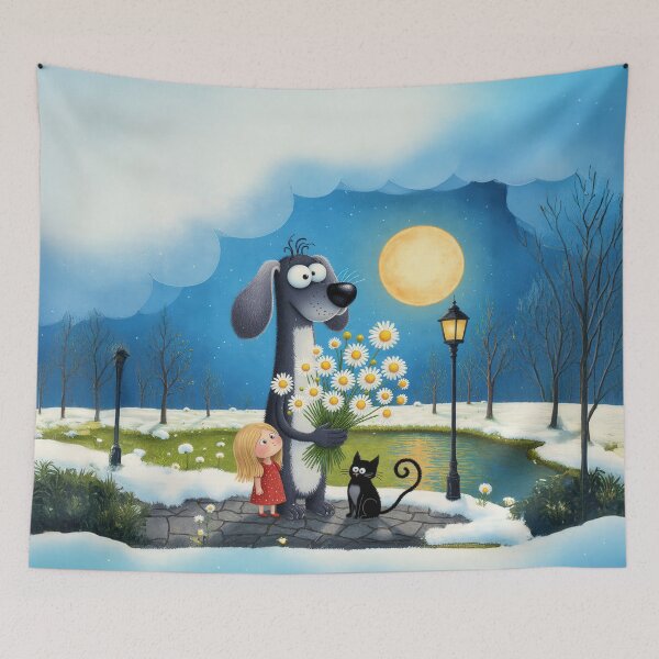 Item preview, Moonlight Daisies – Whimsical Dog, Girl and Cat Illustration designed and sold by Whimsical Hug.