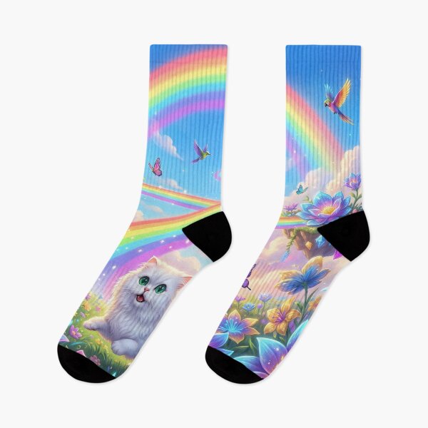 Item preview, White Persian Cat in Rainbow Paradise with Floating Floral Islands designed and sold by PetMemorialArt.