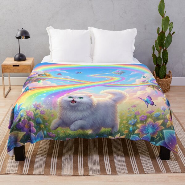 Item preview, White Persian Cat in Rainbow Paradise with Floating Floral Islands designed and sold by PetMemorialArt.