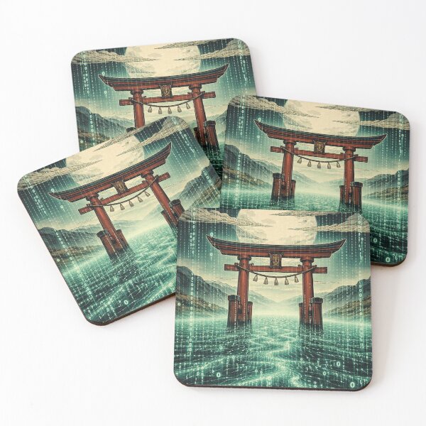 Item preview, Japanese torii gate in a digital sea under a full moon designed and sold by Mauswohn.