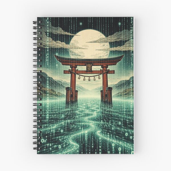 Item preview, Japanese torii gate in a digital sea under a full moon designed and sold by Mauswohn.